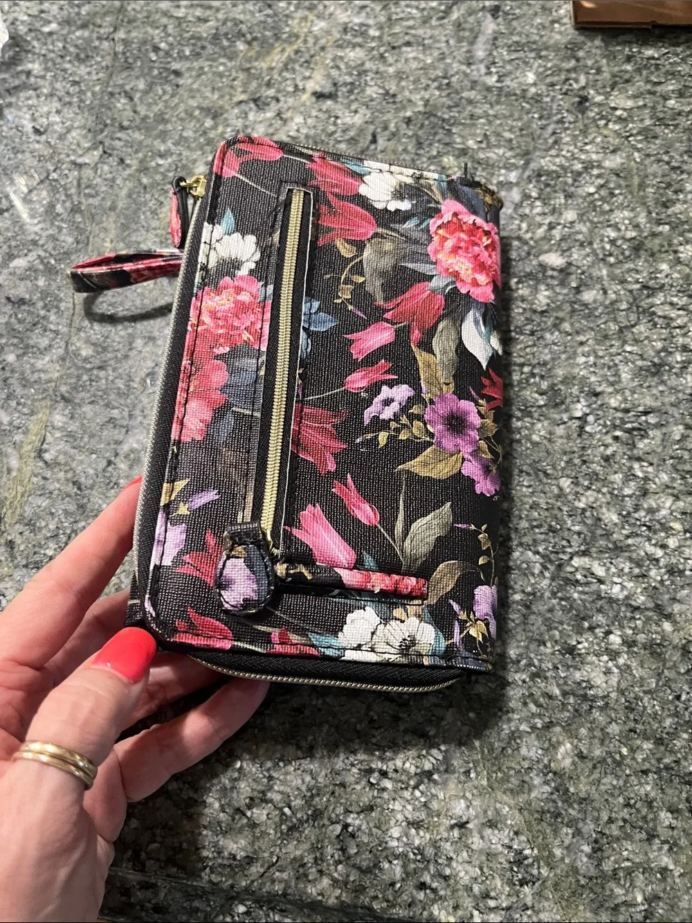 Mindi Floral Black Wristlet Wallet with Gold Bar Accent